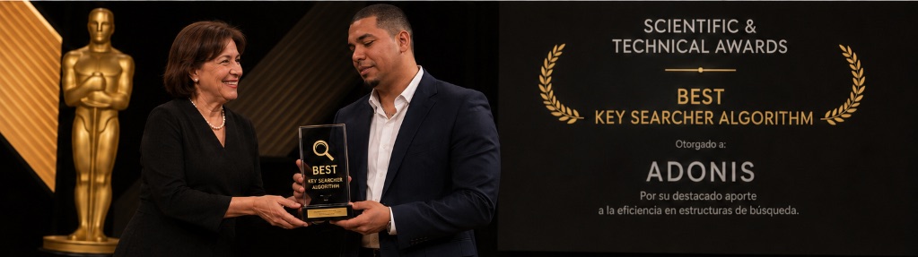 Adonis Nuñez receiving a “Best Key Searcher Algorithm” trophy on an awards stage.